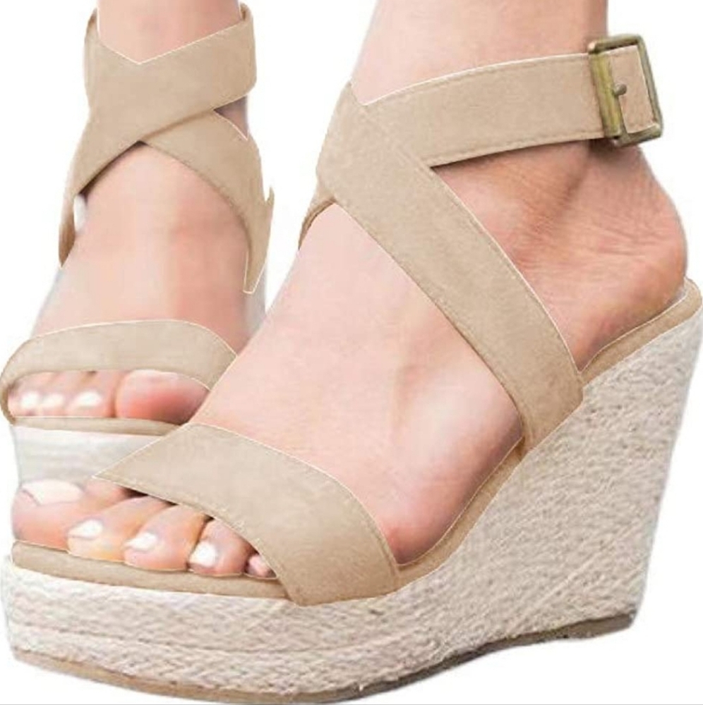 Coutgo Wedge Platform Open Toe Espadrille High Heel Sandal Taupe Khaki Size 9.5